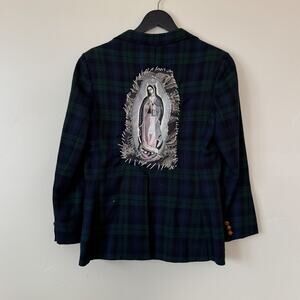 vintage plaid rosa de guadalupe virgin mary green navy blazer jacket sz 34